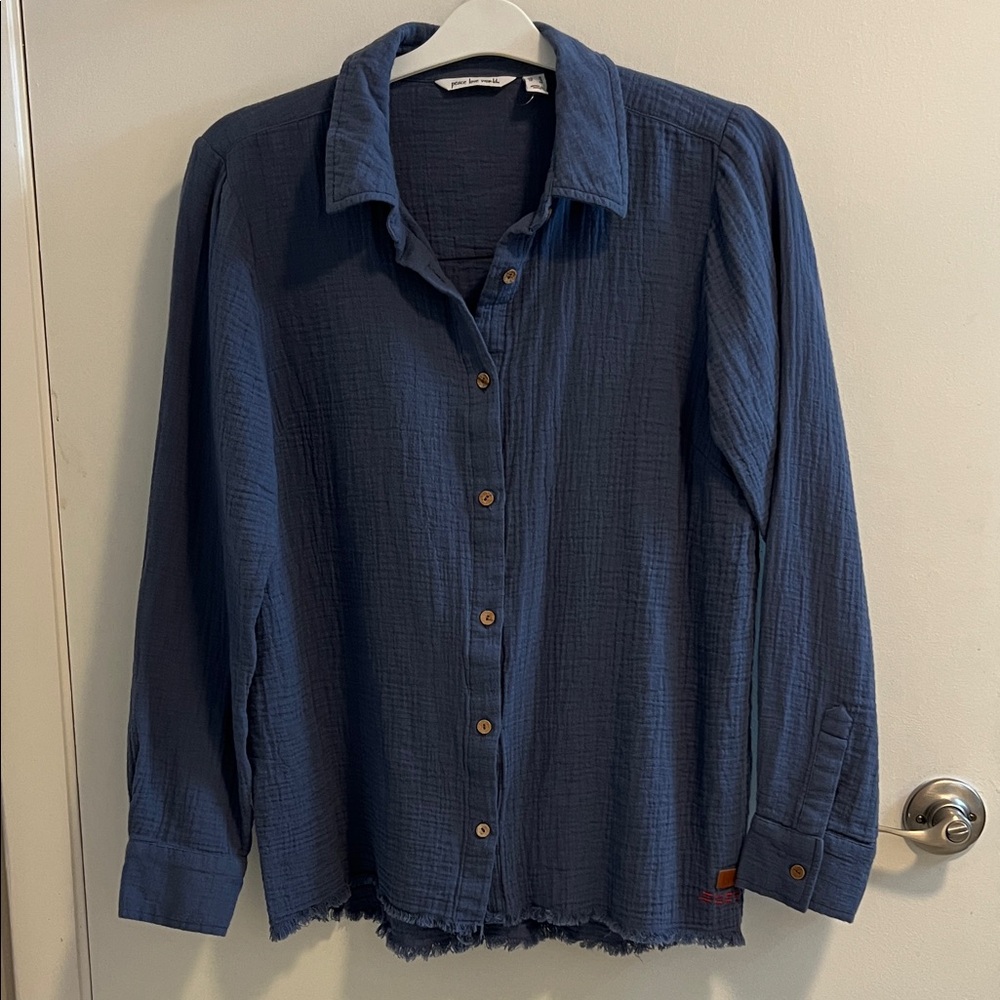 Peace Love World Denim Blue Gauze Button Front Shirt Small 8/10